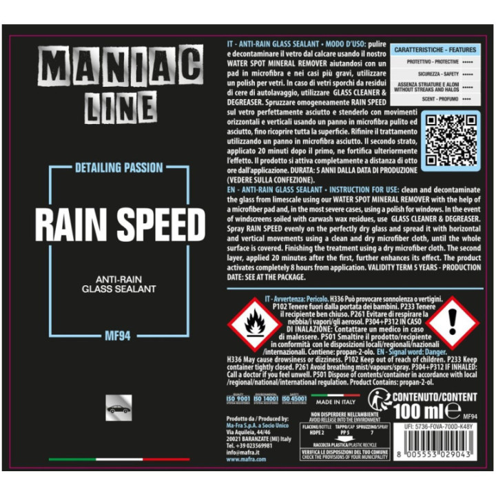 Mafra Rain Speed 100 ml trattamento antipioggia vetri