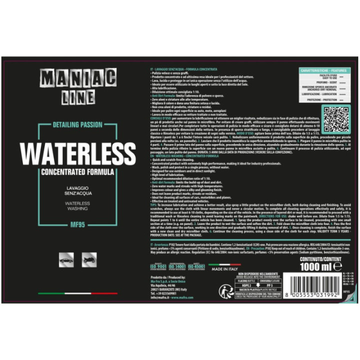 Mafra Waterless lavaggio senz'acqua Maniac Line 1 L