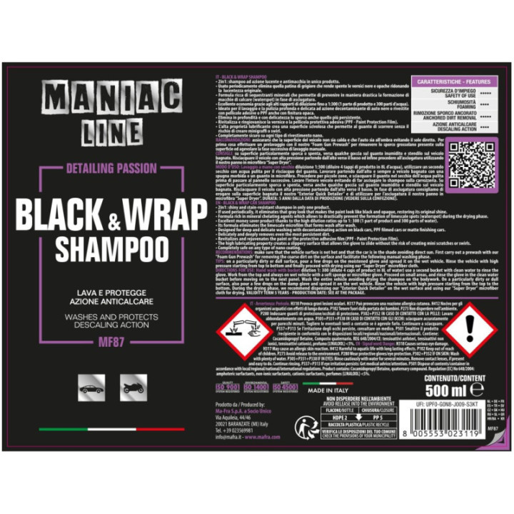 Mafra Black & Wrap Shampoo per auto nere opache e wrap Maniac Line