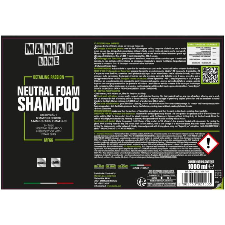 Mafra Neutral Foam Shampoo pH neutro Maniac Line 1 L